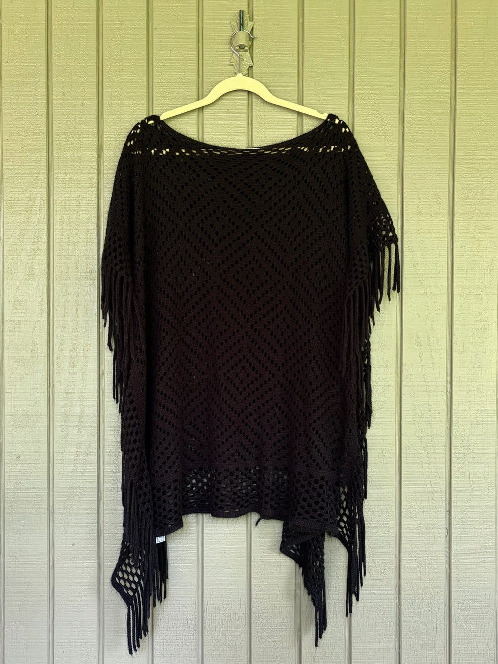 Unbranded Black Crochet Fringe Poncho One Size Boho Open Knit Cover